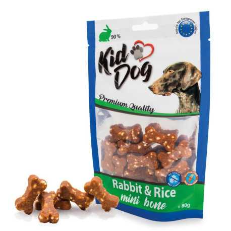 Mäsové pochúťky pre psa KIDDOG MINI kostičky králičie s ryžou 80 g